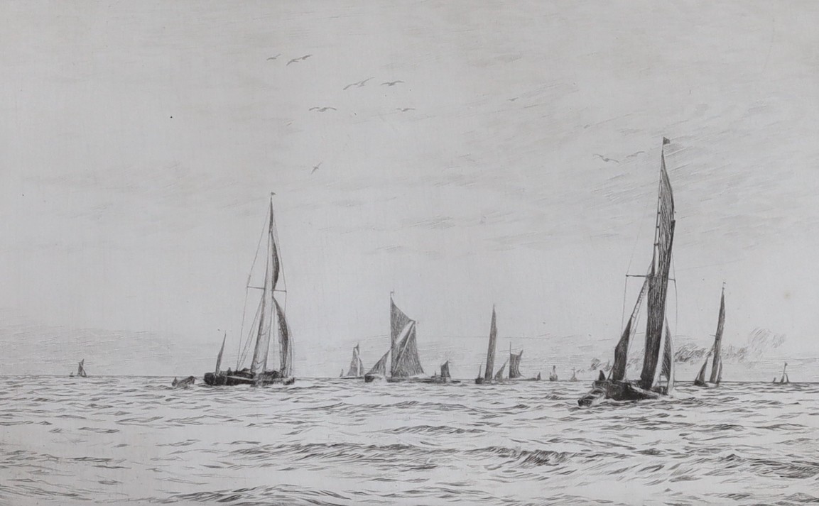 Rowland Langmaid (1897-1956), two etchings, Fishing boats at sea, signed in pencil, 14 x 22cm and 18 x 24cm